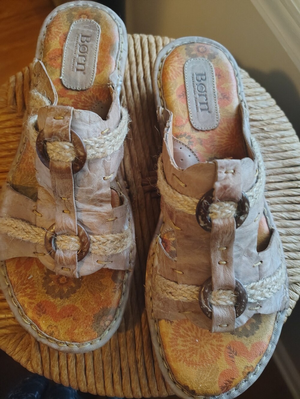 Born Neutral Beige Braided Leather Slide Mules with Floral Insole